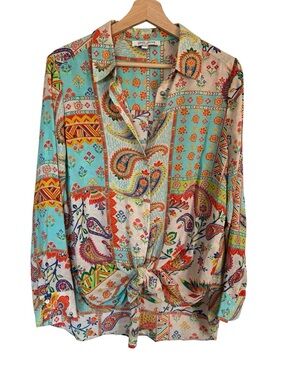 Rose & Olive Top Medium Paisley Patchwork Tie Waist Boho Hippie Blouse